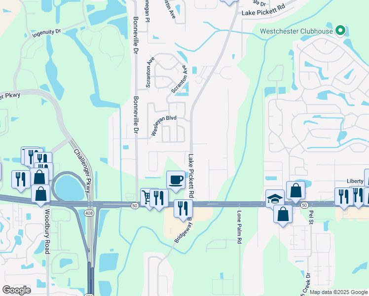 map of restaurants, bars, coffee shops, grocery stores, and more near 13177 Odyssey Lake Way in Orlando