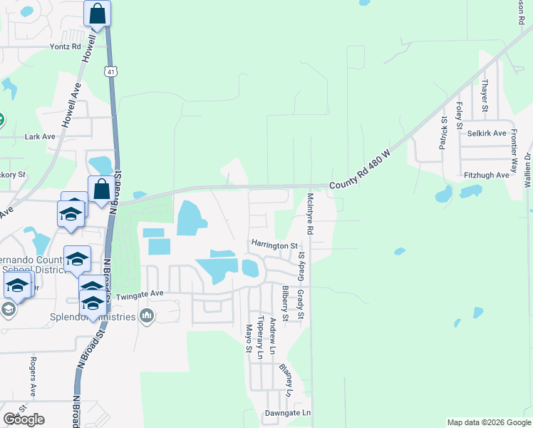 map of restaurants, bars, coffee shops, grocery stores, and more near 5413 Woodford Street in Brooksville