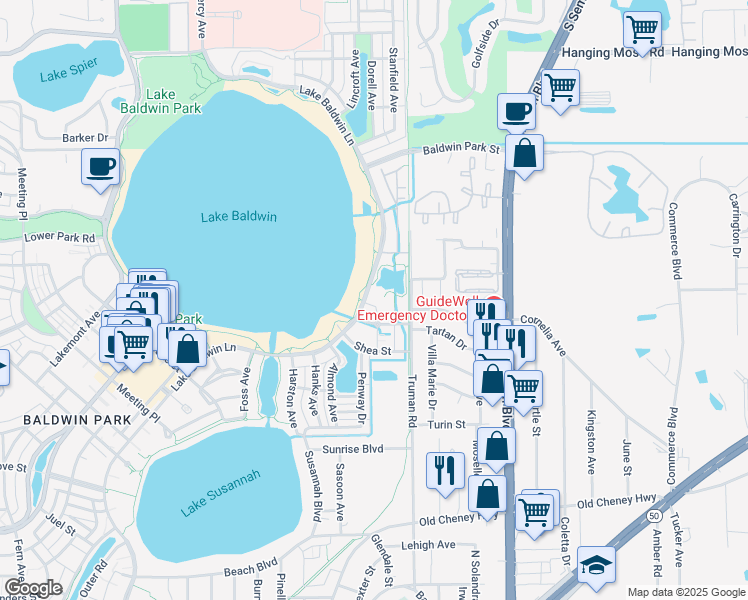 map of restaurants, bars, coffee shops, grocery stores, and more near 2055 Lake Baldwin Lane in Orlando