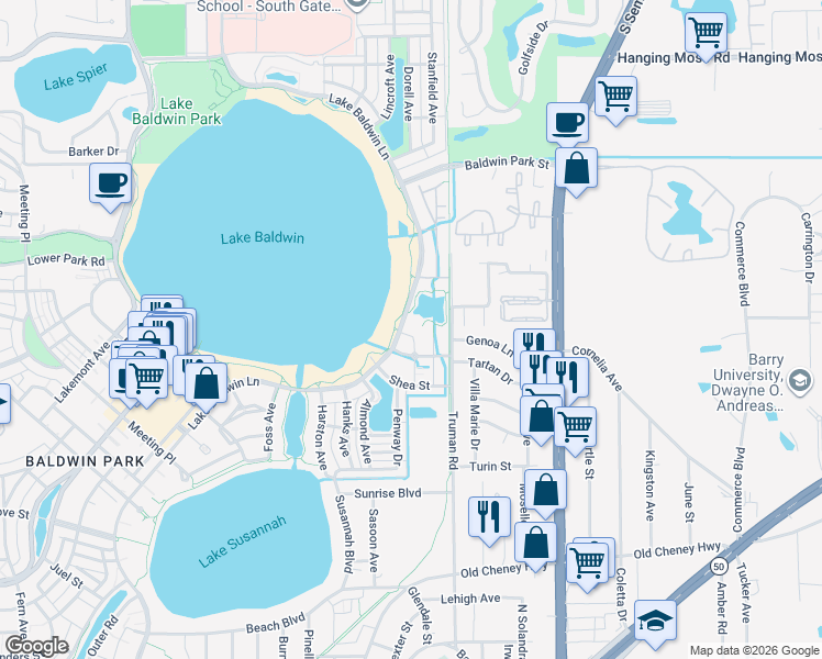 map of restaurants, bars, coffee shops, grocery stores, and more near 2028 Reefpoint Drive in Orlando