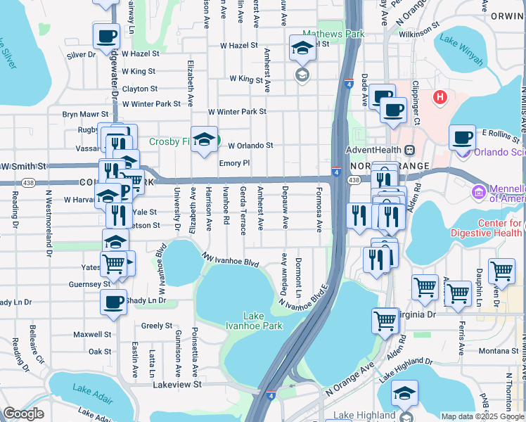 map of restaurants, bars, coffee shops, grocery stores, and more near 1910 Amherst Avenue in Orlando