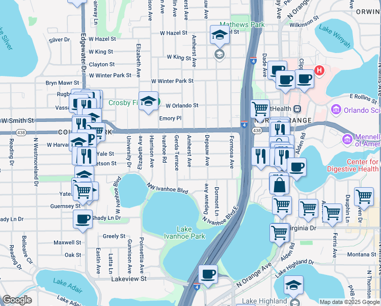 map of restaurants, bars, coffee shops, grocery stores, and more near 1910 Amherst Avenue in Orlando