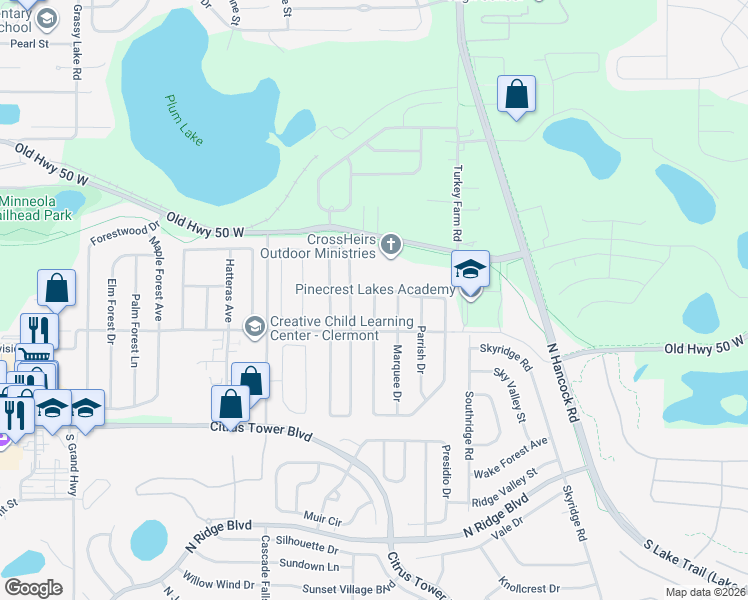 map of restaurants, bars, coffee shops, grocery stores, and more near 947 Arbor Hill Circle in Minneola