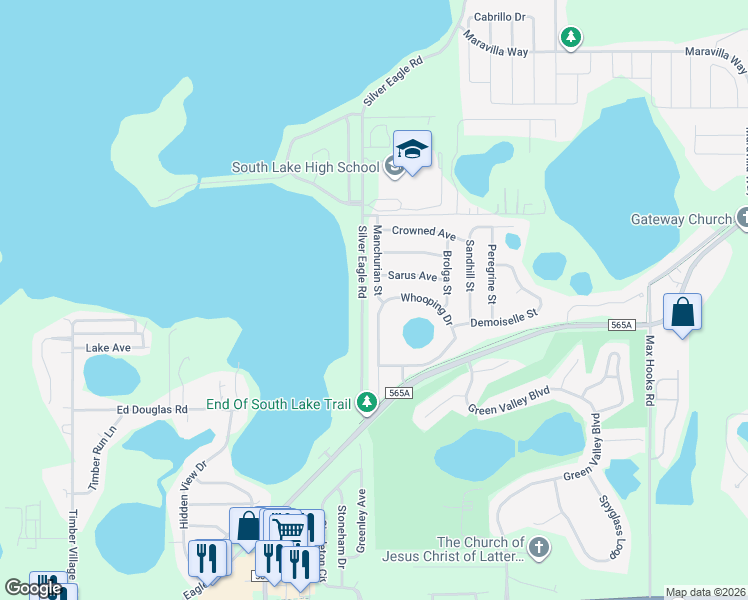 map of restaurants, bars, coffee shops, grocery stores, and more near 1701 Manchurian Street in Groveland
