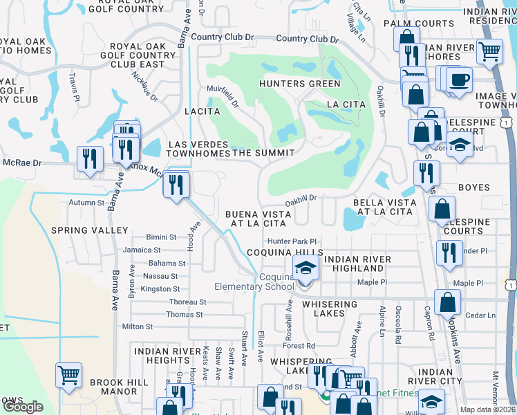 map of restaurants, bars, coffee shops, grocery stores, and more near 3910 Raney Road in Titusville