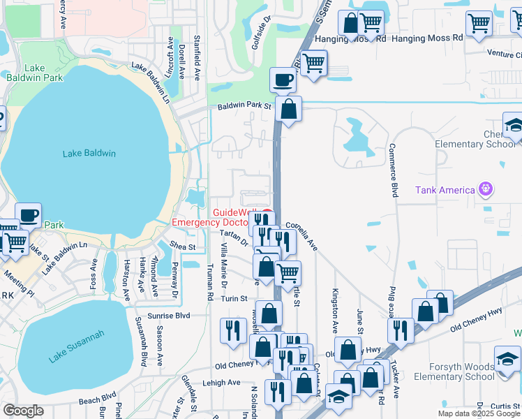map of restaurants, bars, coffee shops, grocery stores, and more near 1807 Moselle Avenue in Orlando
