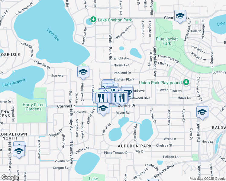 map of restaurants, bars, coffee shops, grocery stores, and more near 1862 Winter Park Road in Orlando