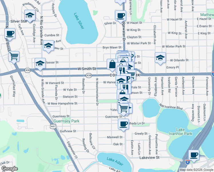 map of restaurants, bars, coffee shops, grocery stores, and more near 821 Stetson Street in Orlando