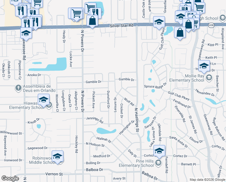 map of restaurants, bars, coffee shops, grocery stores, and more near 2028 Leisure Drive in Orlando