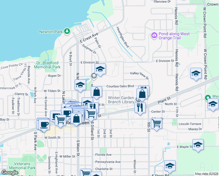 map of restaurants, bars, coffee shops, grocery stores, and more near 278 Gary Drive in Winter Garden