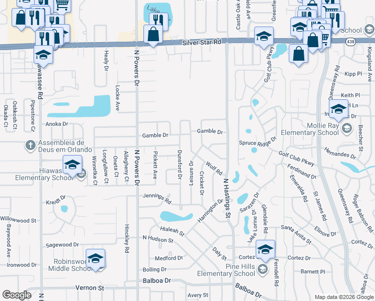 map of restaurants, bars, coffee shops, grocery stores, and more near 2028 Leisure Drive in Orlando