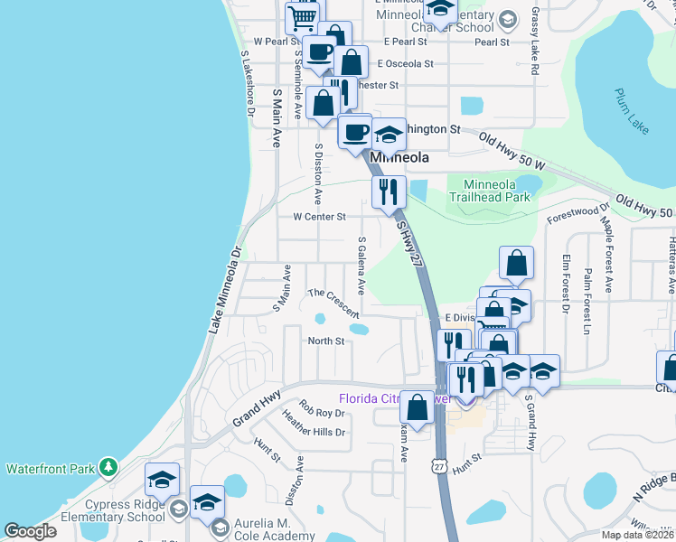 map of restaurants, bars, coffee shops, grocery stores, and more near 110 Lillian Street in Minneola