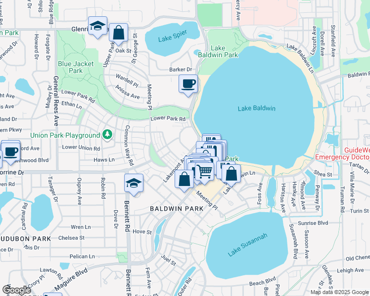 map of restaurants, bars, coffee shops, grocery stores, and more near 2050 Jake Street in Orlando