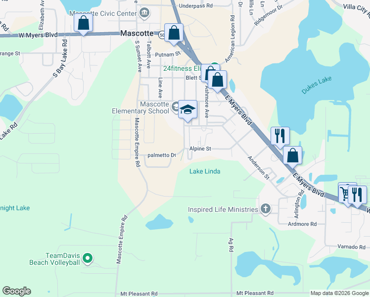 map of restaurants, bars, coffee shops, grocery stores, and more near 400 Alpine Street in Mascotte