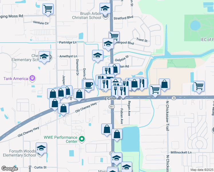 map of restaurants, bars, coffee shops, grocery stores, and more near 1710 North Goldenrod Road in Orlando