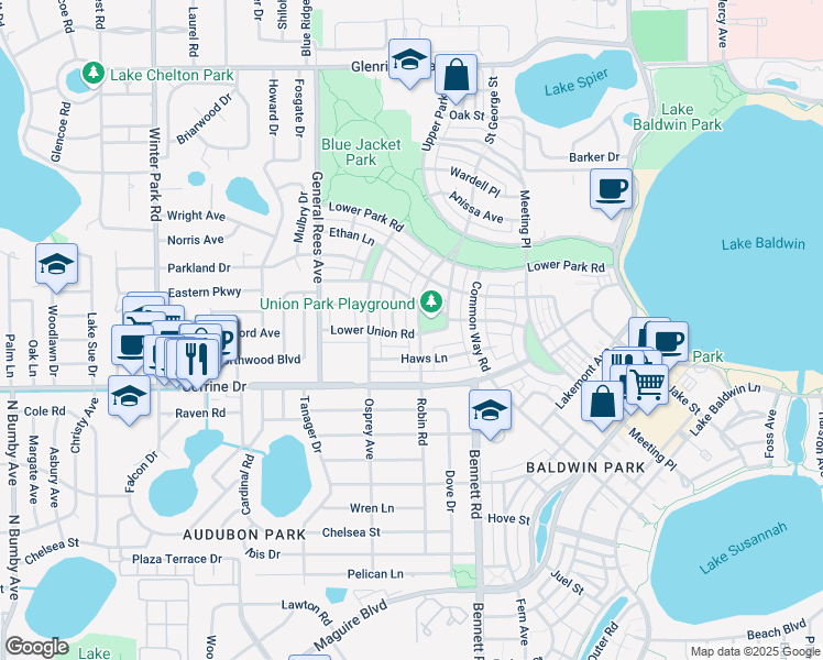 map of restaurants, bars, coffee shops, grocery stores, and more near 1072 Upper Union Road in Orlando