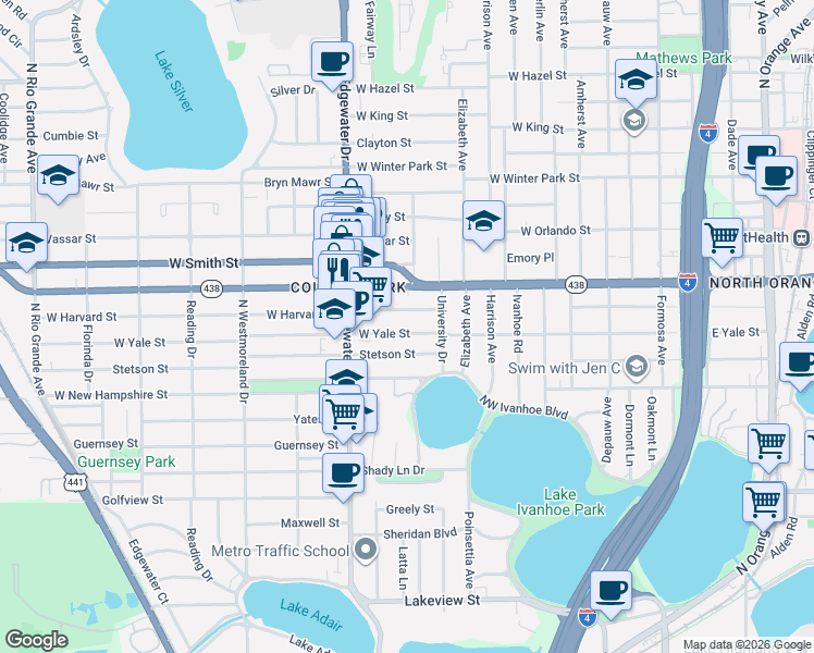 map of restaurants, bars, coffee shops, grocery stores, and more near 531 West Harvard Street in Orlando