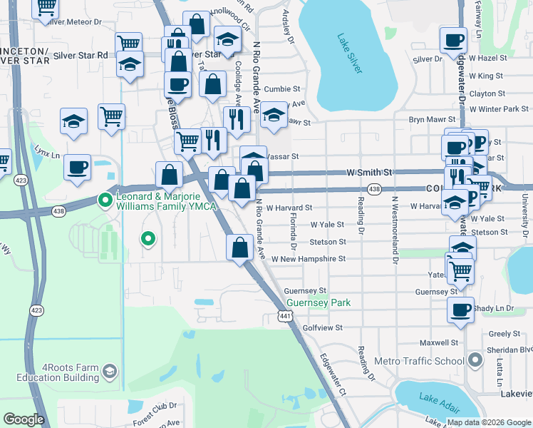 map of restaurants, bars, coffee shops, grocery stores, and more near 1500 West Princeton Street in Orlando