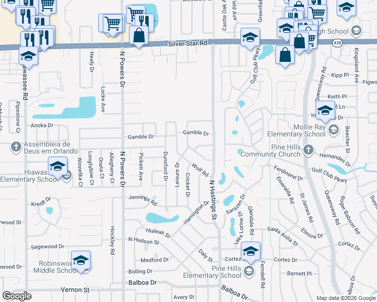 map of restaurants, bars, coffee shops, grocery stores, and more near 2205 Tupelo Road in Orlando