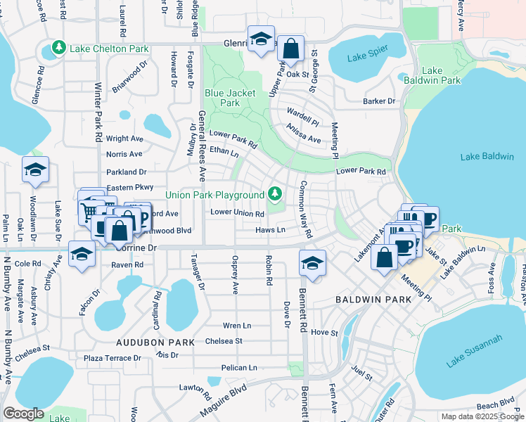 map of restaurants, bars, coffee shops, grocery stores, and more near 1072 Upper Union Road in Orlando