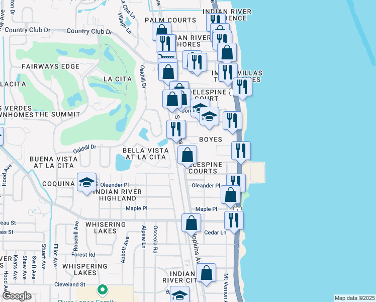 map of restaurants, bars, coffee shops, grocery stores, and more near 3805 South Hopkins Avenue in Titusville