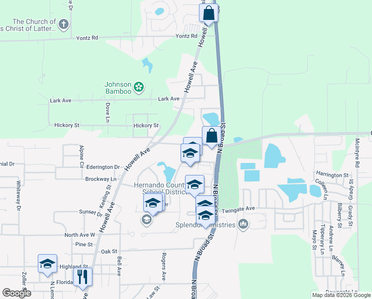 map of restaurants, bars, coffee shops, grocery stores, and more near 15 Croom Road in Brooksville