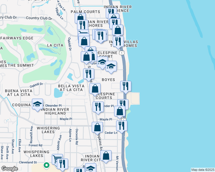 map of restaurants, bars, coffee shops, grocery stores, and more near 257 Aguinaldo Avenue in Titusville