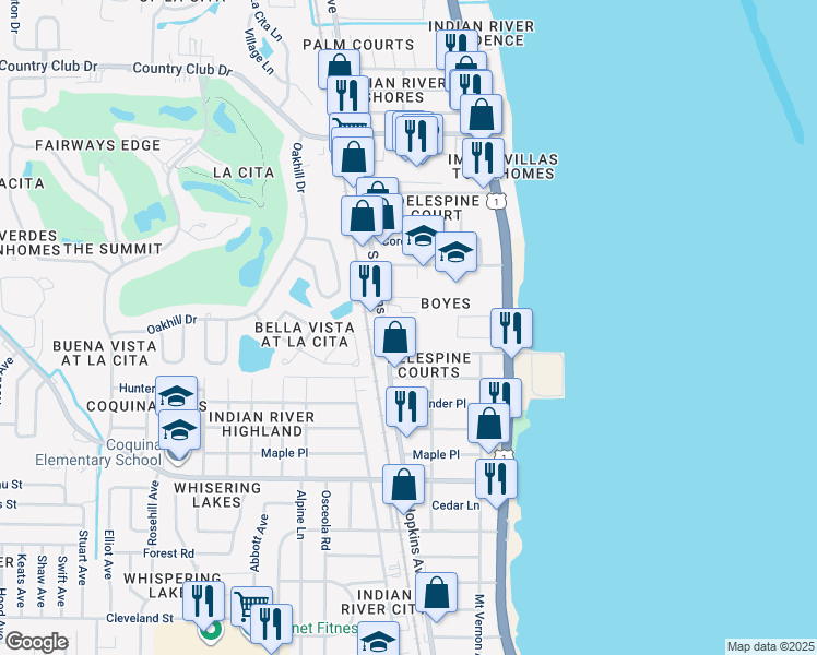 map of restaurants, bars, coffee shops, grocery stores, and more near 3765 South Hopkins Avenue in Titusville