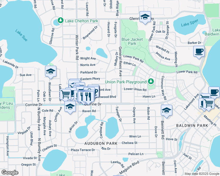 map of restaurants, bars, coffee shops, grocery stores, and more near 2266 Howard Drive in Winter Park