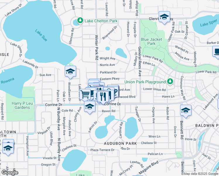 map of restaurants, bars, coffee shops, grocery stores, and more near 2719 Woodside Avenue in Winter Park