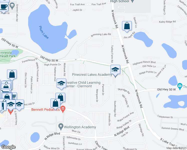 map of restaurants, bars, coffee shops, grocery stores, and more near 830 Scenic View Circle in Minneola