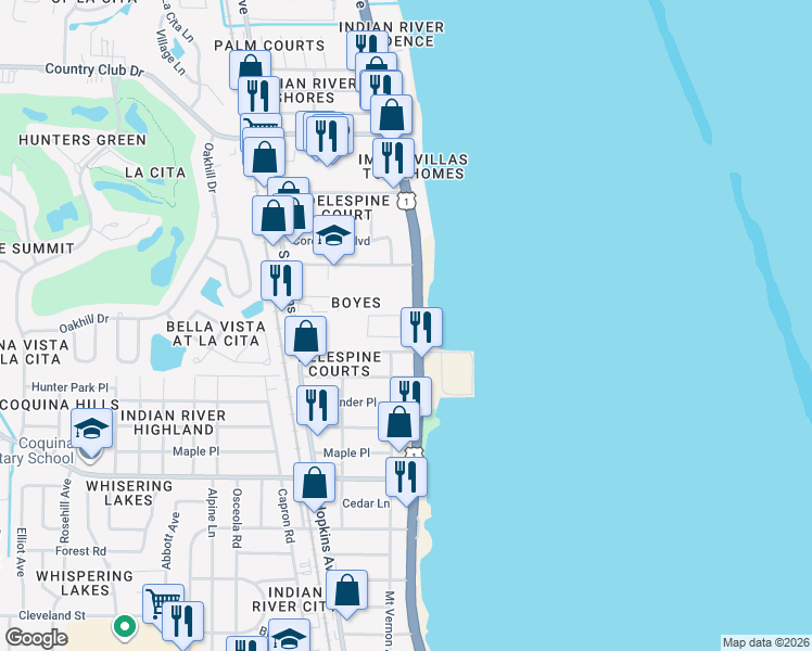map of restaurants, bars, coffee shops, grocery stores, and more near 3810 South Washington Avenue in Titusville