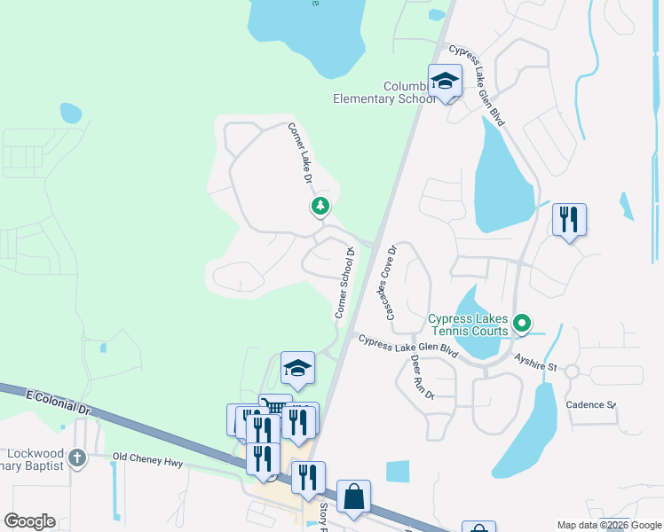 map of restaurants, bars, coffee shops, grocery stores, and more near 2056 Corner School Drive in Orlando