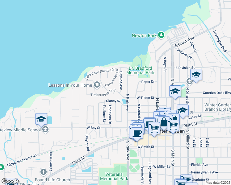 map of restaurants, bars, coffee shops, grocery stores, and more near 313 Merin Court in Winter Garden
