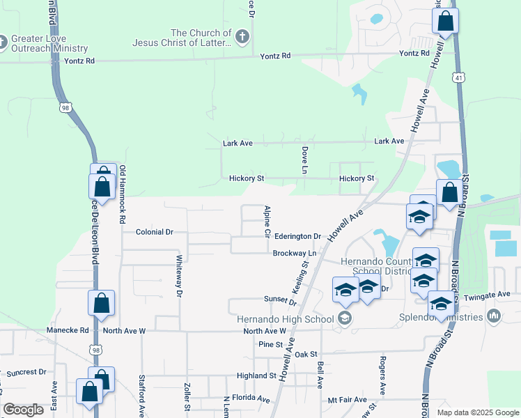 map of restaurants, bars, coffee shops, grocery stores, and more near 208 Alpine Circle in Brooksville