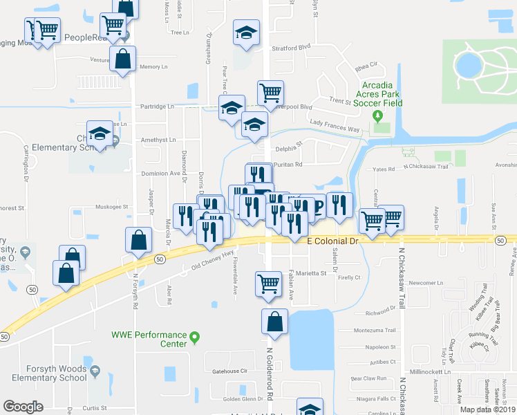 map of restaurants, bars, coffee shops, grocery stores, and more near 1710 North Goldenrod Road in Orlando