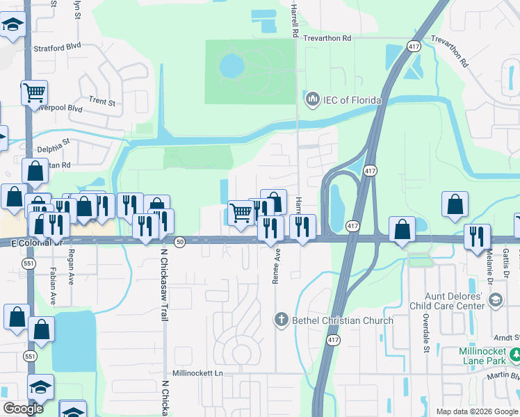 map of restaurants, bars, coffee shops, grocery stores, and more near 8600 Chelinche Lane in Orlando