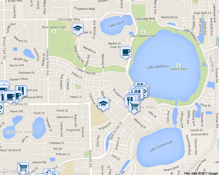 map of restaurants, bars, coffee shops, grocery stores, and more near 2071 Meeting Place in Orlando