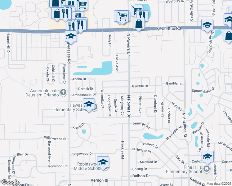 map of restaurants, bars, coffee shops, grocery stores, and more near 6418 Gamble Drive in Orlando