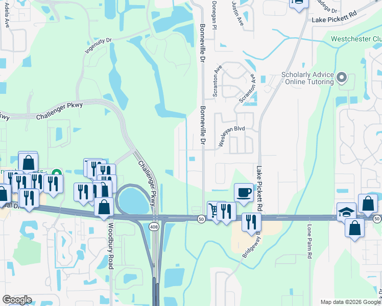 map of restaurants, bars, coffee shops, grocery stores, and more near 14404 Pine Bridge Run in Orlando