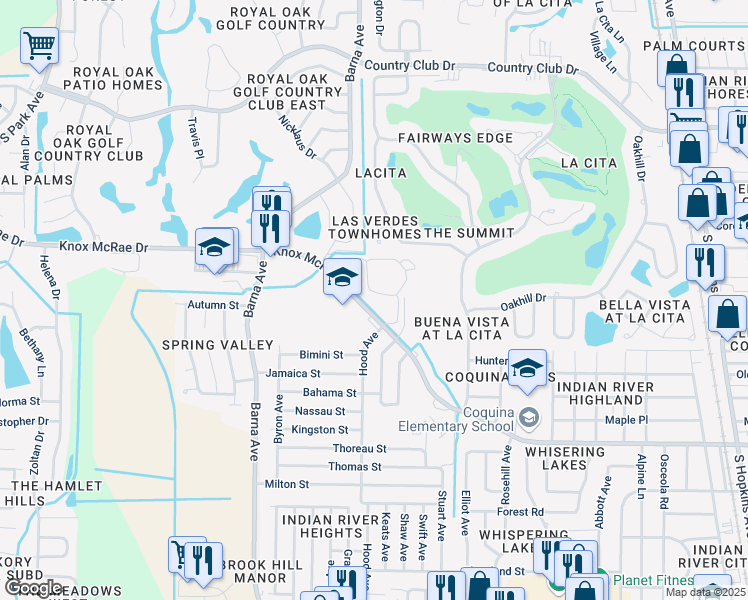 map of restaurants, bars, coffee shops, grocery stores, and more near 1081 Solamere Drive in Titusville