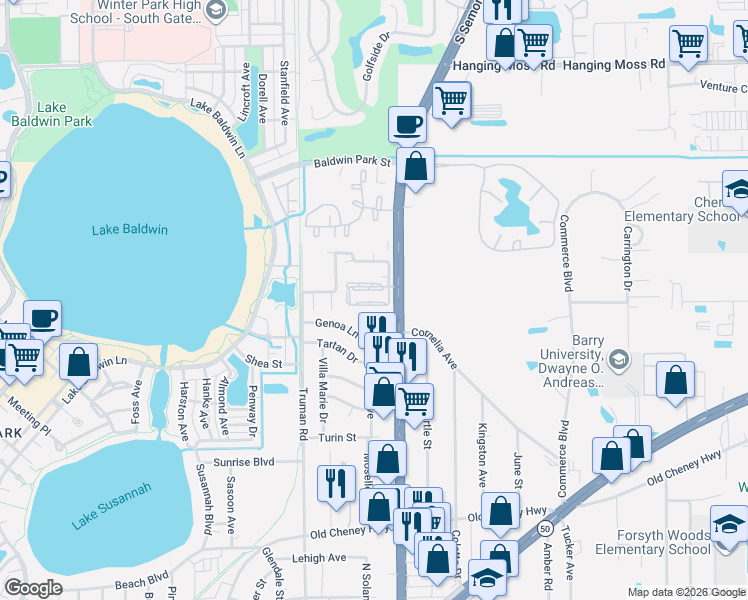map of restaurants, bars, coffee shops, grocery stores, and more near 5652 Royal Pine Boulevard in Orlando