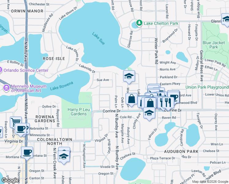 map of restaurants, bars, coffee shops, grocery stores, and more near 2224 Rowena Avenue in Orlando