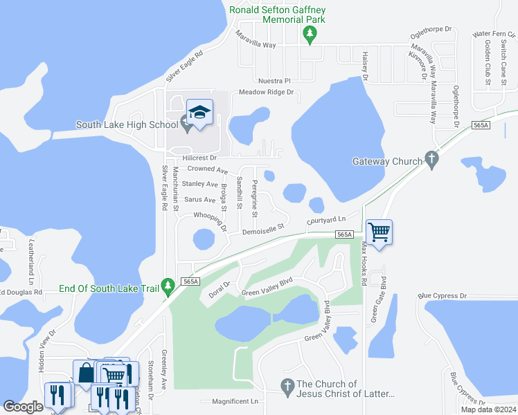 map of restaurants, bars, coffee shops, grocery stores, and more near 1110 Peregrine Street in Groveland