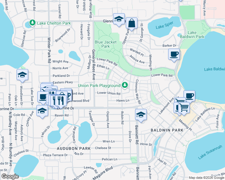 map of restaurants, bars, coffee shops, grocery stores, and more near 2075 Osprey Avenue in Orlando