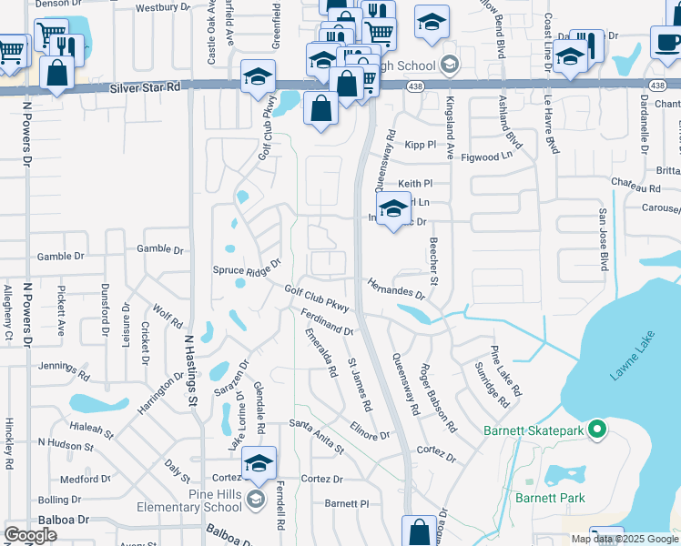 map of restaurants, bars, coffee shops, grocery stores, and more near 209 Hernandes Drive in Pine Hills