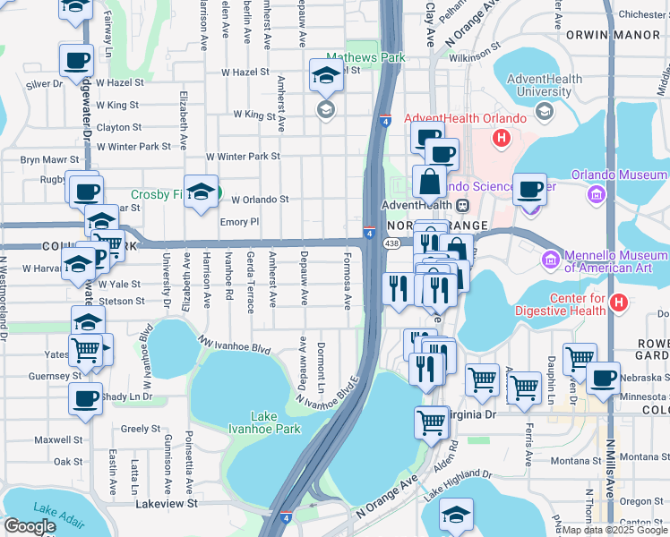 map of restaurants, bars, coffee shops, grocery stores, and more near 34 Harvard Street in Orlando
