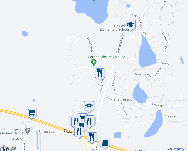 map of restaurants, bars, coffee shops, grocery stores, and more near 16918 Corner Hill Court in Orlando