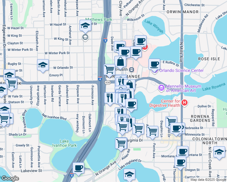 map of restaurants, bars, coffee shops, grocery stores, and more near 321 Harvard Street in Orlando