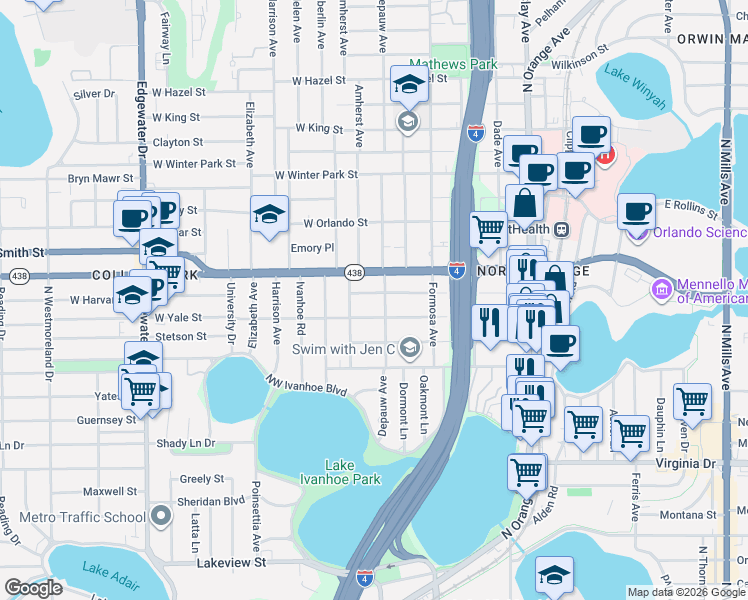 map of restaurants, bars, coffee shops, grocery stores, and more near 9 West Harvard Street in Orlando